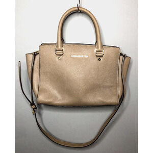 Michael Kors Selma Saffiano Leather Satchel Crossbody Bag Beige Zip Closure